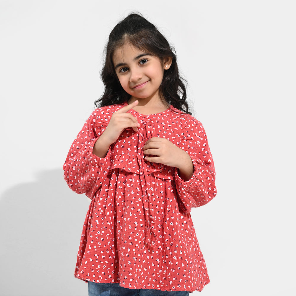 Girls Cotton Casual Frock White Flowers - RED
