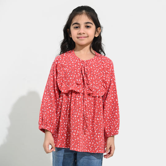 Girls Cotton Casual Frock White Flowers - RED
