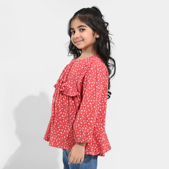 Girls Cotton Casual Frock White Flowers - RED