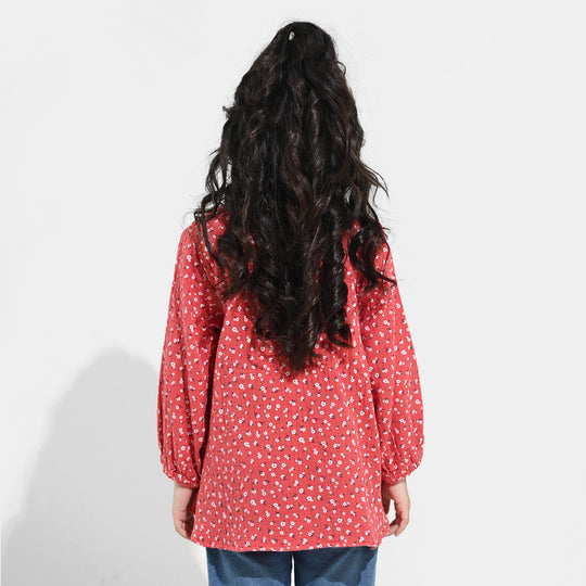 Girls Cotton Casual Frock White Flowers - RED