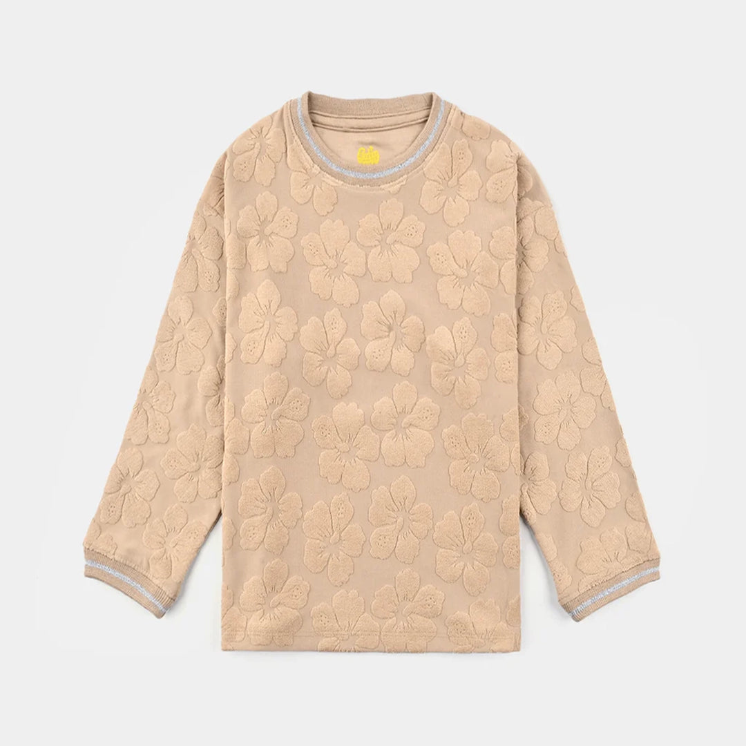 Girls Jacquard T-Shirt F/S KHAKI FLOWER FABRIC - BROWN