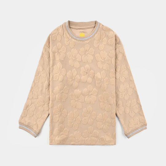 Girls Jacquard T-Shirt F/S KHAKI FLOWER FABRIC - BROWN