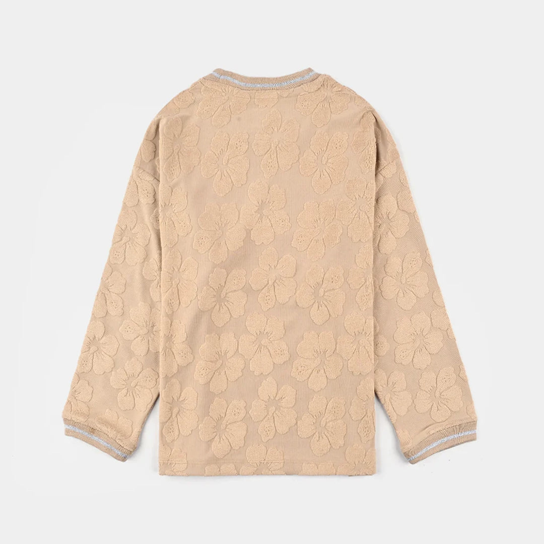 Girls Jacquard T-Shirt F/S KHAKI FLOWER FABRIC - BROWN