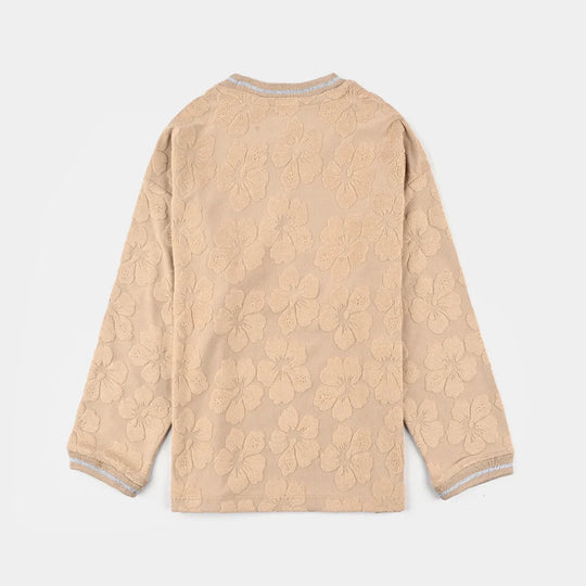 Girls Jacquard T-Shirt F/S KHAKI FLOWER FABRIC - BROWN