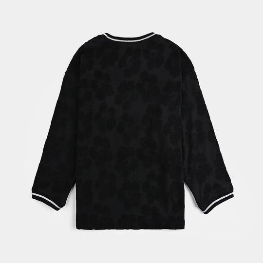Girls Jacquard T-Shirt F/S BLACK FLOWER FABRIC - BLACK