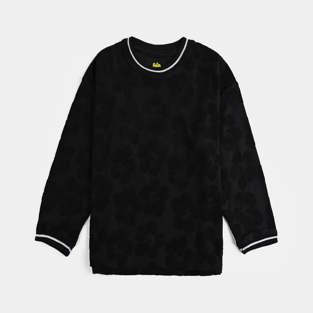 Girls Jacquard T-Shirt F/S BLACK FLOWER FABRIC - BLACK