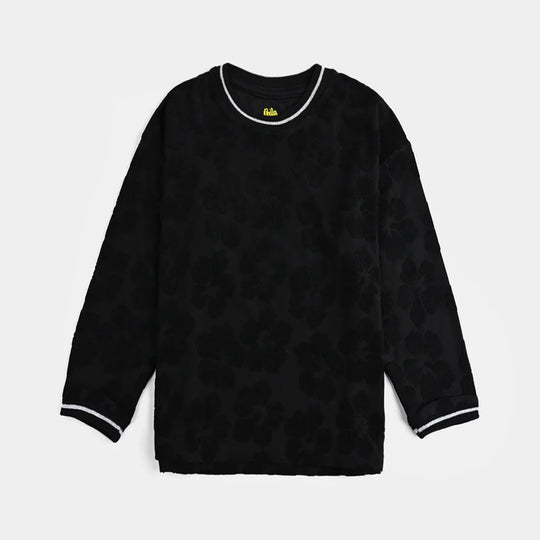 Girls Jacquard T-Shirt F/S BLACK FLOWER FABRIC - BLACK