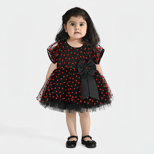 Infant Girls Velvet Fancy Frock-Heart-Red