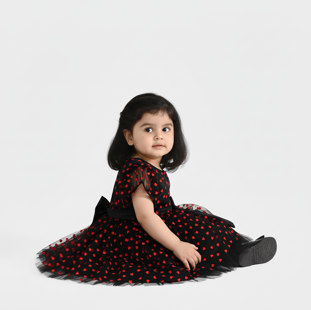 Infant Girls Velvet Fancy Frock-Heart-Red