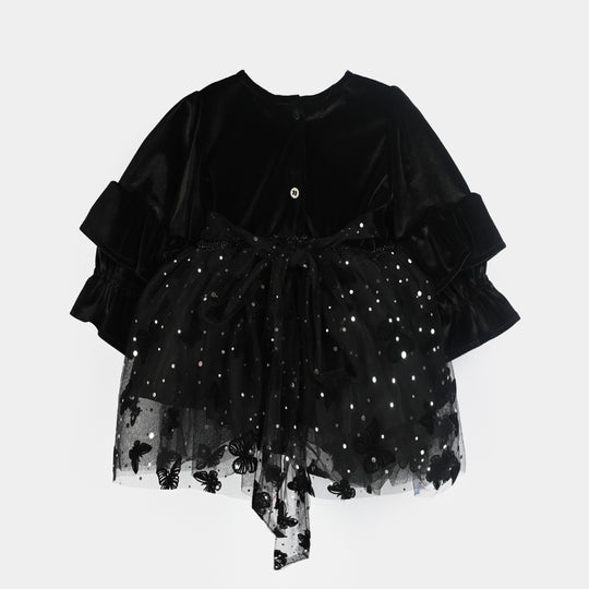 Infant Girls Velvet Fancy Frock-Butterfly-BLACK