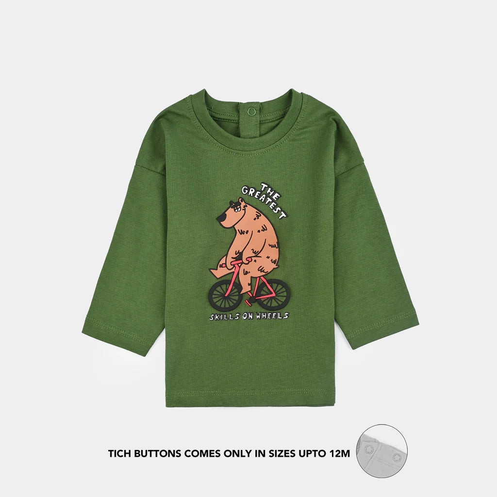 Infant Boys Jersey/Terry T-Shirt F/S SKILLS ON WHEEL BEAR-Olive Green