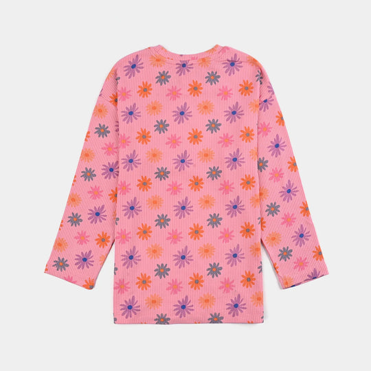 Girls 2x1 Rib T-Shirt F/S MULTI FLOWER - Pink