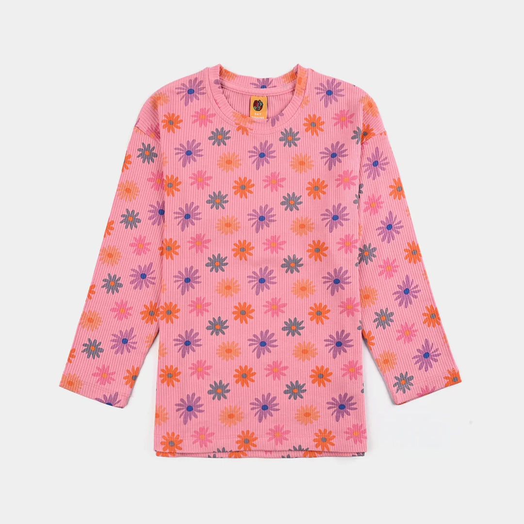 Girls 2x1 Rib T-Shirt F/S MULTI FLOWER - Pink
