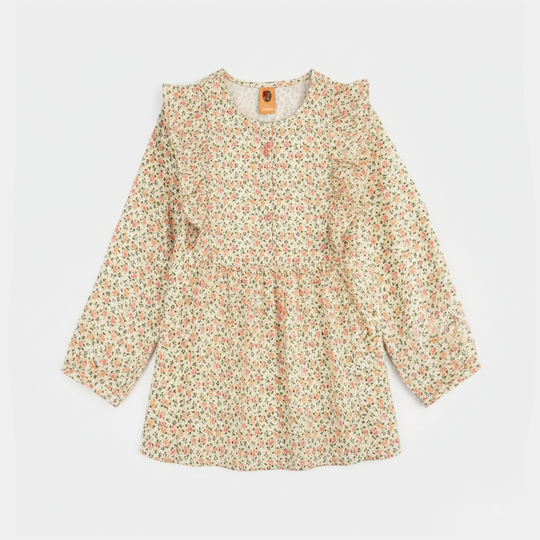 Girls Poly Net Casual Top Yellow Flowers-Cream