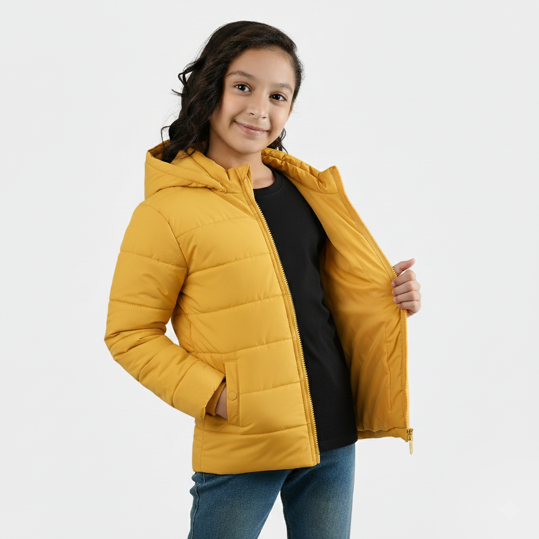 Girls Quilted Hooded Jacket - Yellow