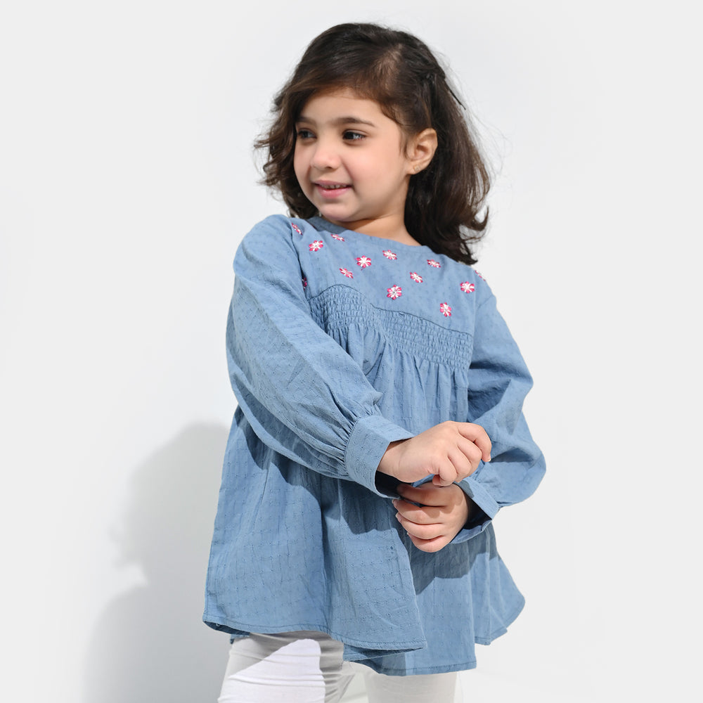 Girls Dobby Emb Top Smoking Wiggle-Blue