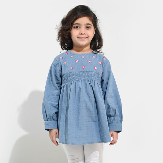 Girls Dobby Emb Top Smoking Wiggle-Blue
