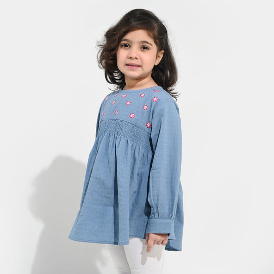 Girls Dobby Emb Top Smoking Wiggle-Blue