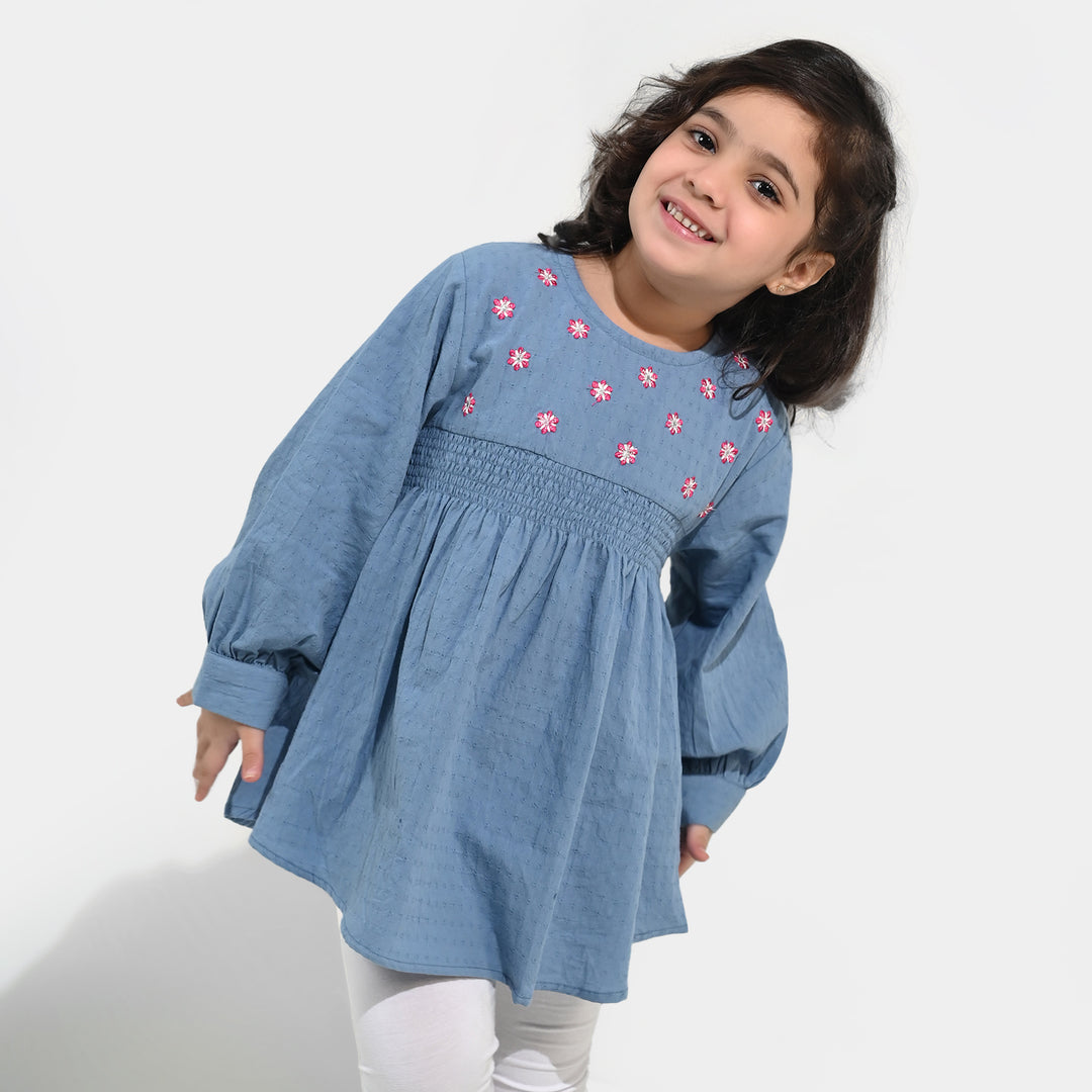 Girls Dobby Emb Top Smoking Wiggle-Blue