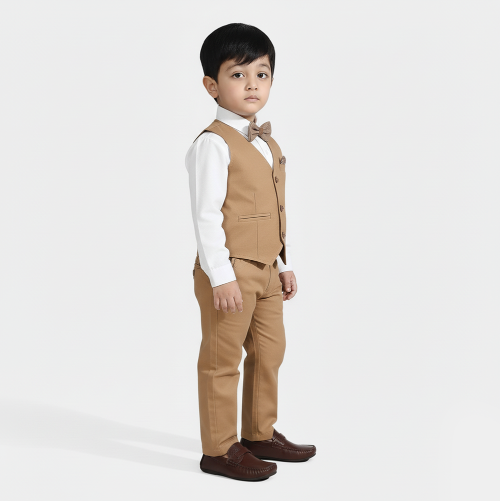 Infant Boys Cotton Twill 3PC Suit-Sun Dust-Brown/White