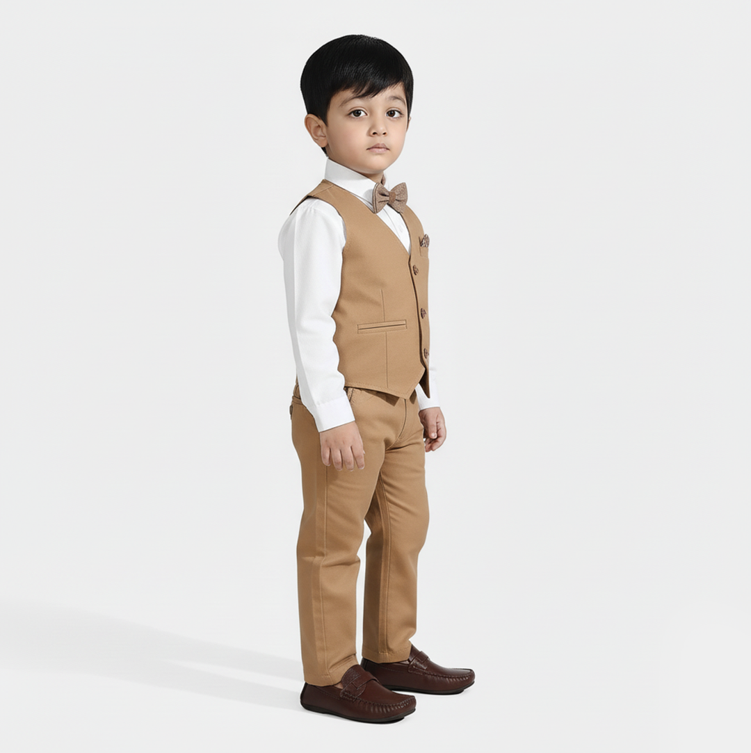 Infant Boys Cotton Twill 3PC Suit-Sun Dust-Brown/White