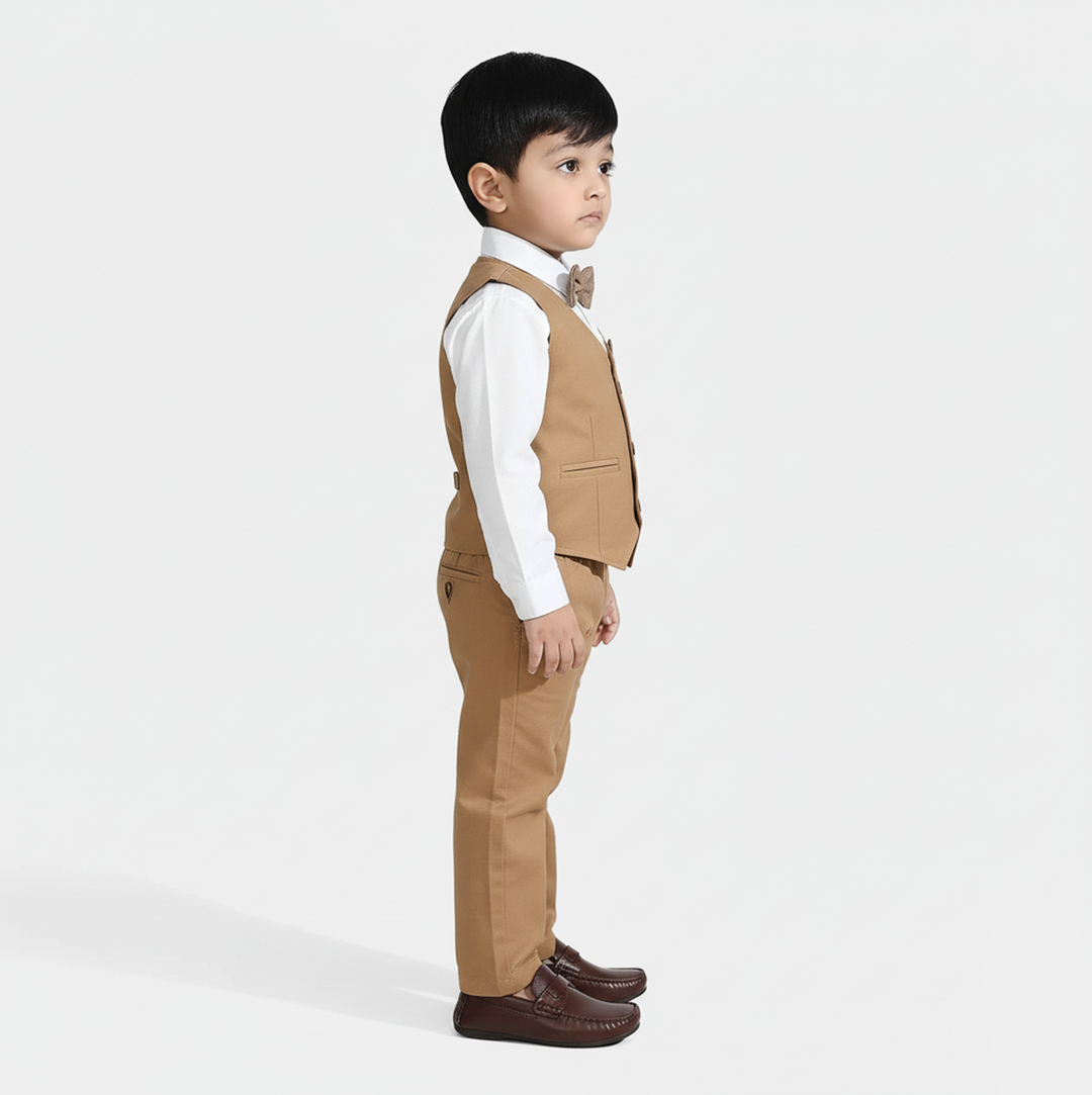 Infant Boys Cotton Twill 3PC Suit-Sun Dust-Brown/White
