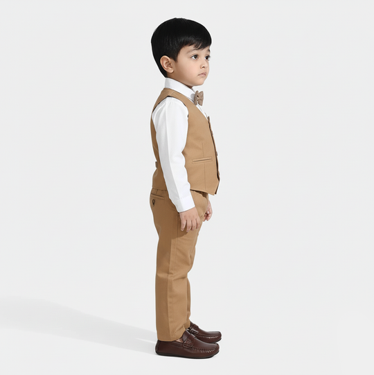 Infant Boys Cotton Twill 3PC Suit-Sun Dust-Brown/White
