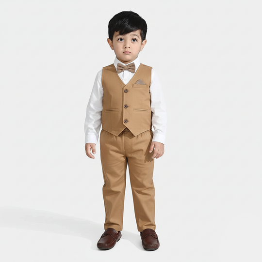Infant Boys Cotton Twill 3PC Suit-Sun Dust-Brown/White