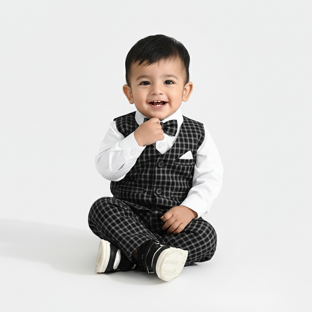 Infant Boys Yarn Dyed 3PC Suit-Black Checkered-Black/White