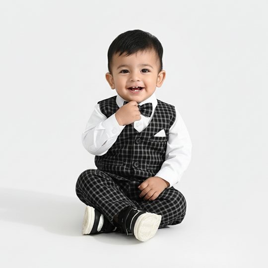 Infant Boys Yarn Dyed 3PC Suit-Black Checkered-Black/White