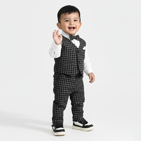 Infant Boys Yarn Dyed 3PC Suit-Black Checkered-Black/White