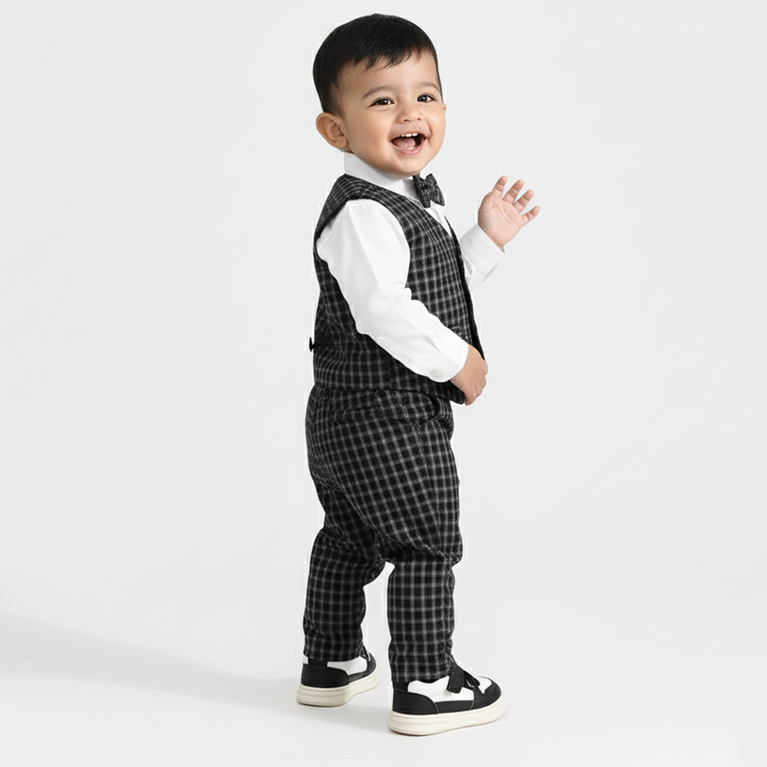 Infant Boys Yarn Dyed 3PC Suit-Black Checkered-Black/White
