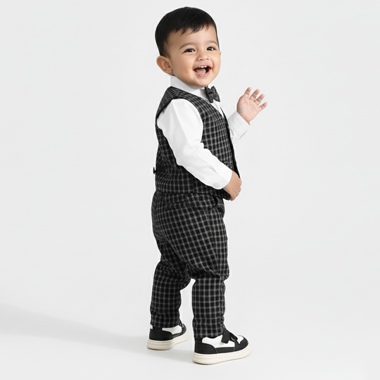 Infant Boys Yarn Dyed 3PC Suit-Black Checkered-Black/White