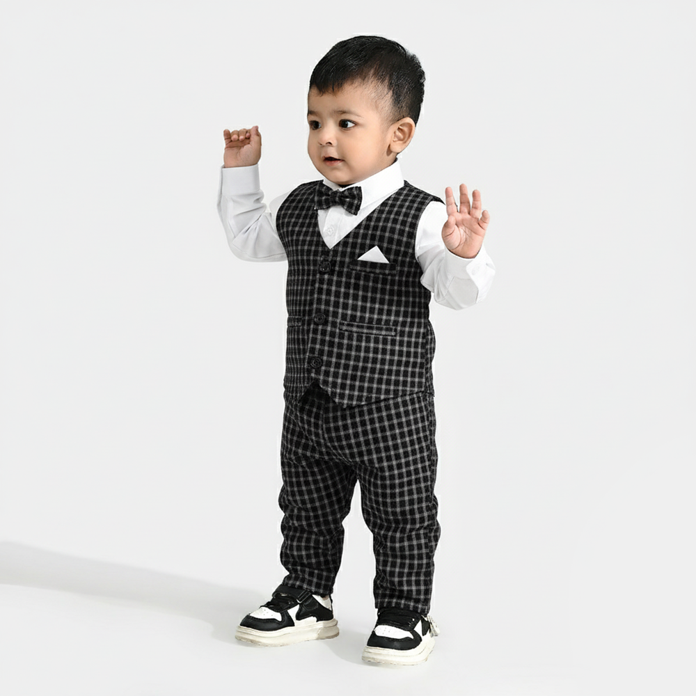 Infant Boys Yarn Dyed 3PC Suit-Black Checkered-Black/White