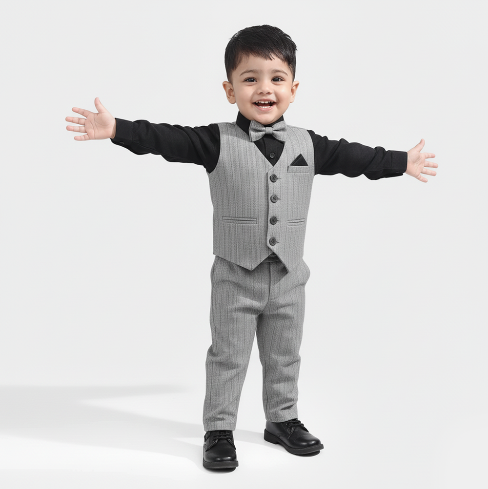 Infant Boys Yarn Dyed 3PC Suit-Mini Knot-Grey.Black