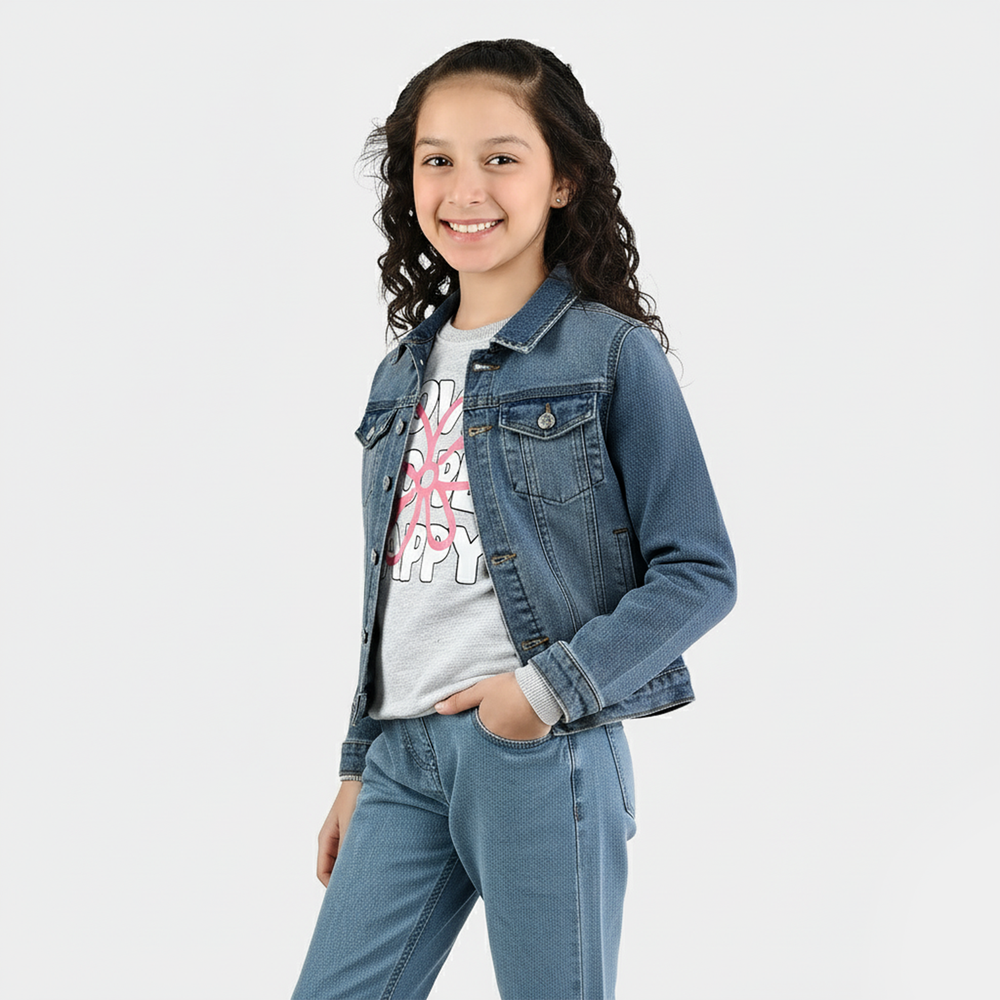 Girls Denim Stretch Woven Jacket Chain-Light Blue
