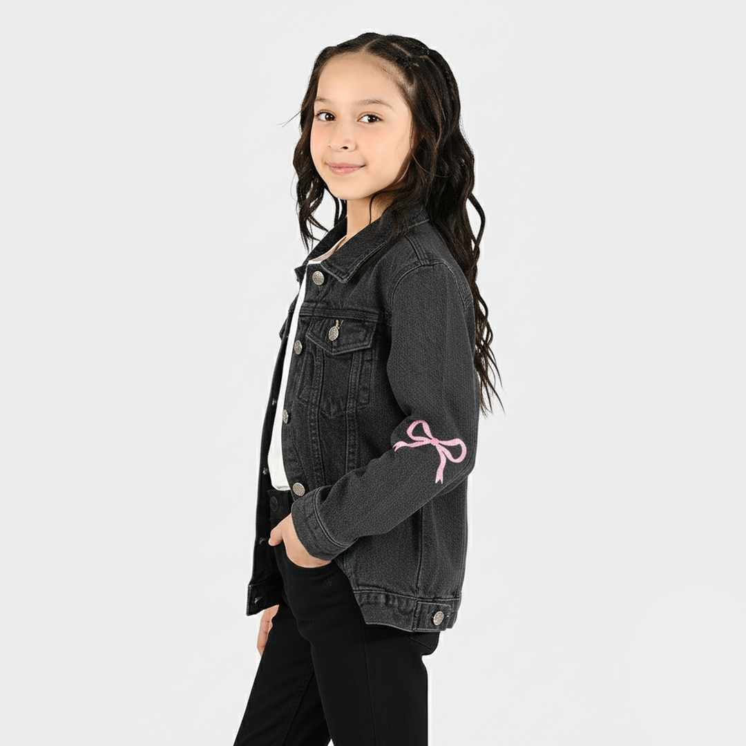 Girls Denim Stretch Jacket Bow-GREY
