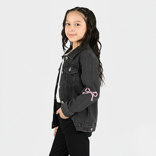 Girls Denim Stretch Jacket Bow-GREY