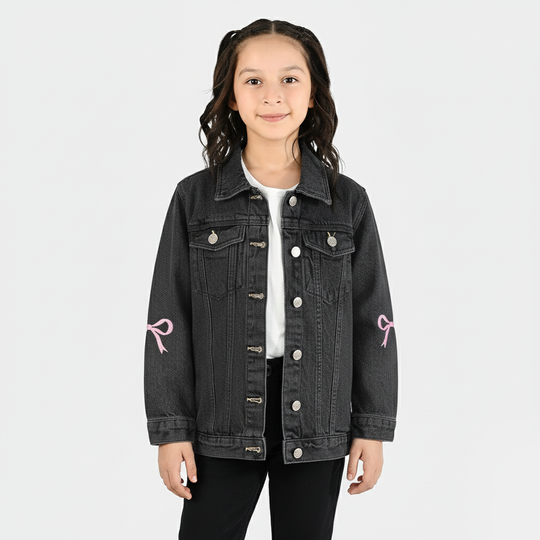 Girls Denim Stretch Jacket Bow-GREY