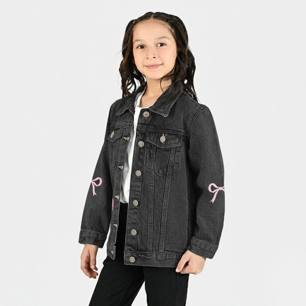 Girls Denim Stretch Jacket Bow-GREY