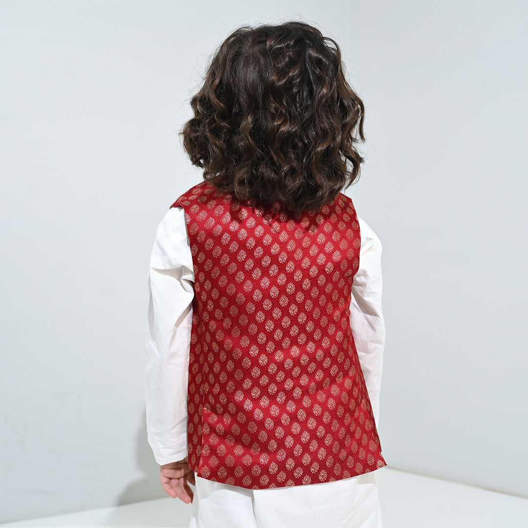 Boys Poly Viscose Waist Coat (Golden Lurex)-RED