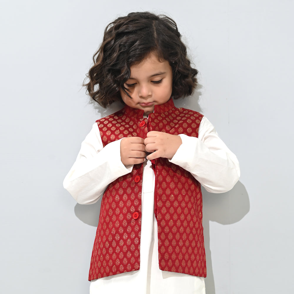 Boys Poly Viscose Waist Coat (Golden Lurex)-RED