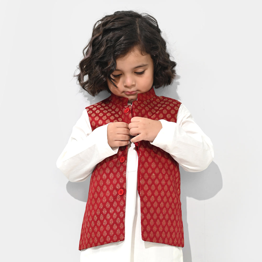 Boys Poly Viscose Waist Coat (Golden Lurex)-RED