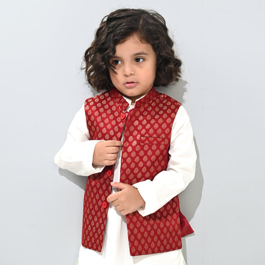 Boys Poly Viscose Waist Coat (Golden Lurex)-RED