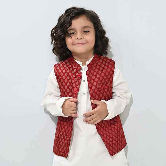 Boys Poly Viscose Waist Coat (Golden Lurex)-RED