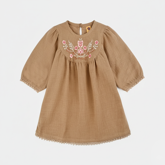 Girls Cotton Emb Top Pink Butter Fly-Sand