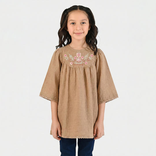 Girls Cotton Emb Top Pink Butter Fly-Sand
