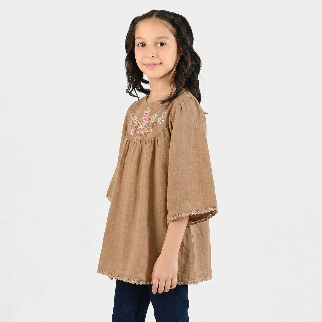 Girls Cotton Emb Top Pink Butter Fly-Sand