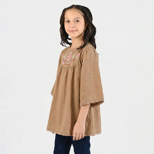 Girls Cotton Emb Top Pink Butter Fly-Sand