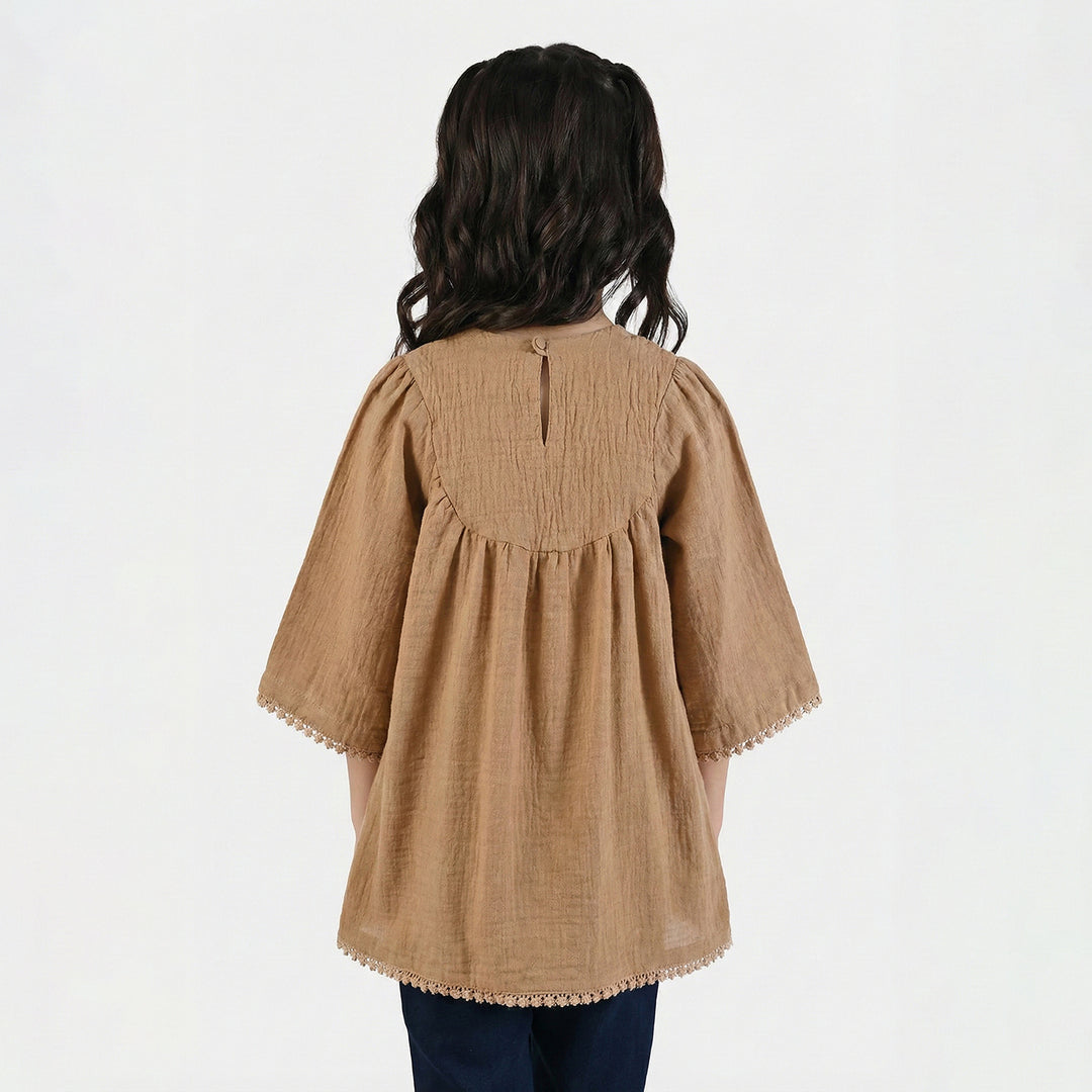 Girls Cotton Emb Top Pink Butter Fly-Sand